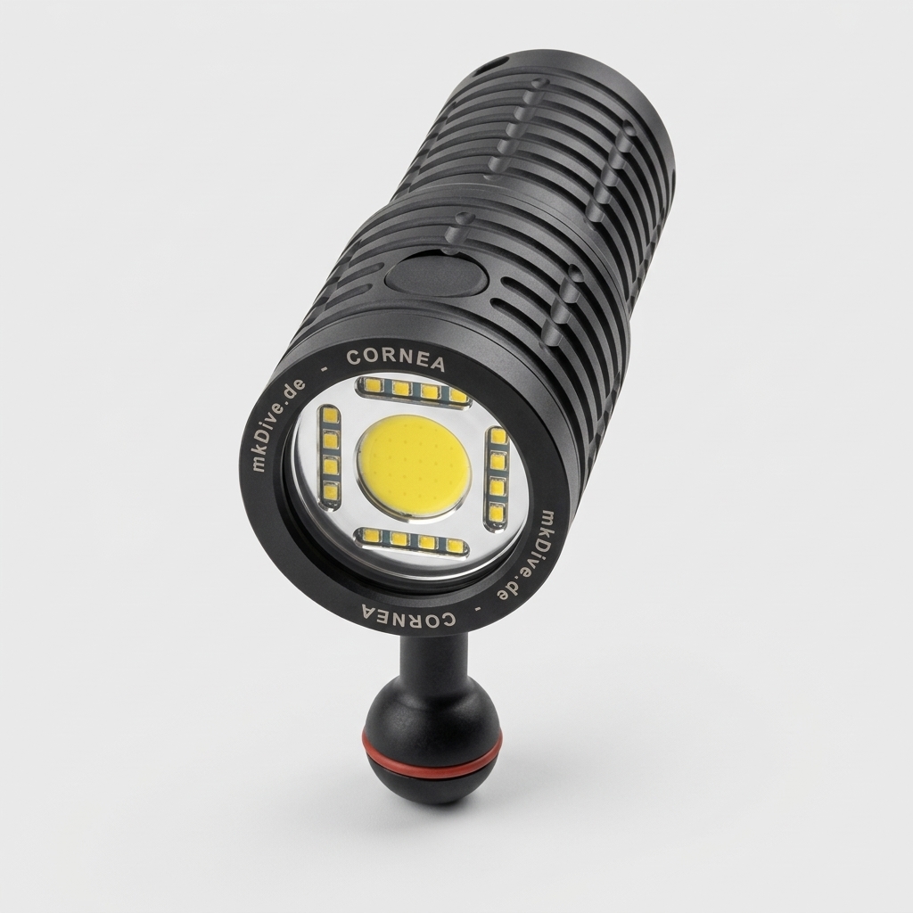 mkDive Cornea video diving light with COB, blue and red LEDs and ball mount (rendering)