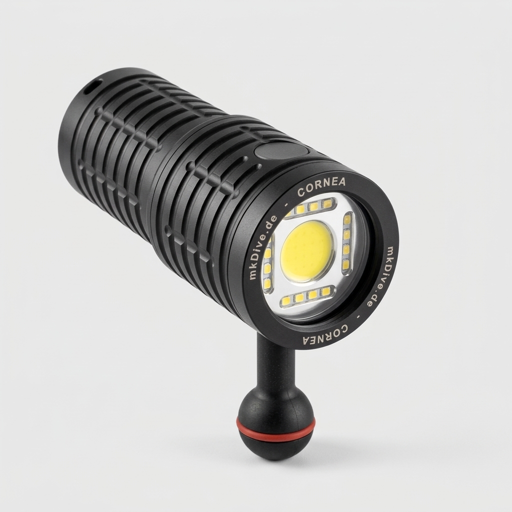 mkDive Cornea video diving light with COB, blue and red LEDs and ball mount (rendering)